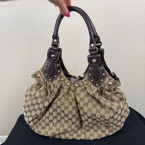 Gucci Beige Monogram Canvas Pelham Shoulder Bag with Brown Leather Trim